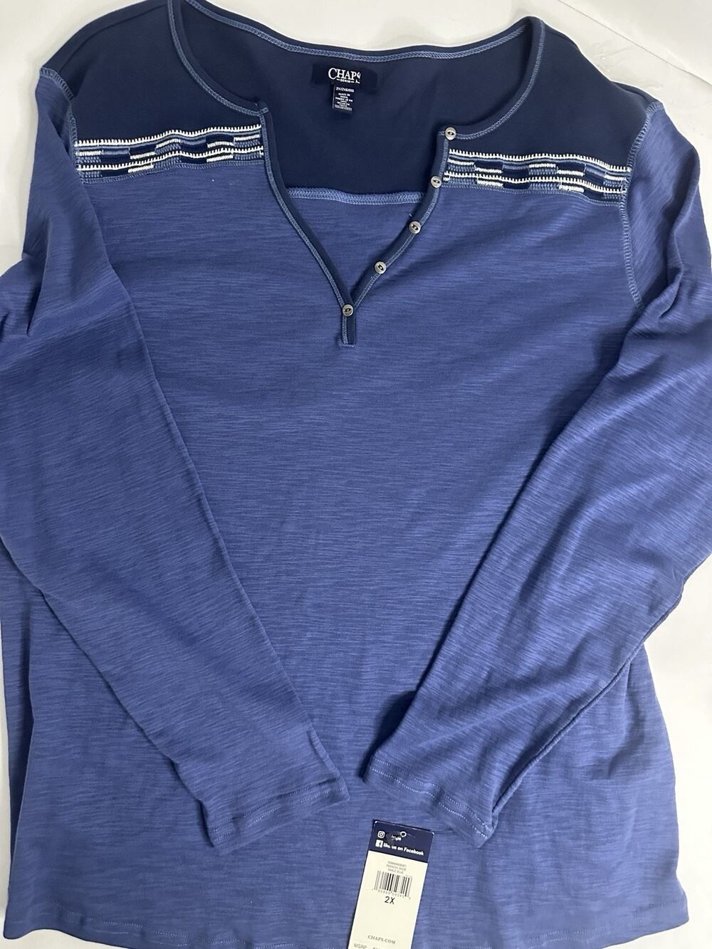 Chaps Denim Men's Long Sleeve Henley T-Shirt - Solid Blue 2X Big & Tall